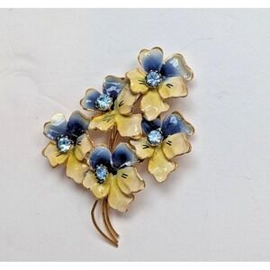 Vintage Flower Brooch Blue/White w Blue Rhinestones Gold Tone Metal Pin Austria